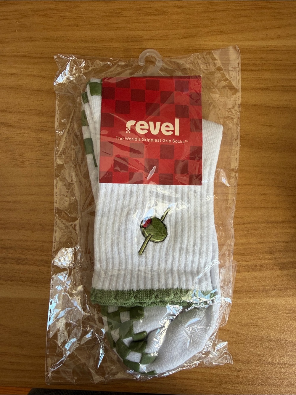 Revel White & Green Olive Grip Socks